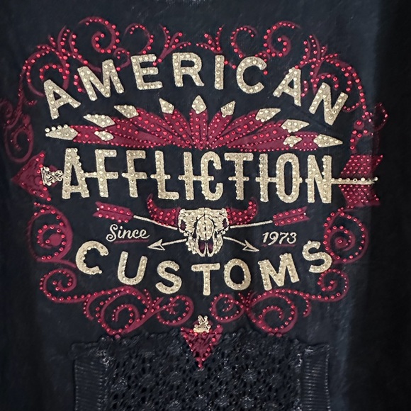 NWOT Affliction Black Mineral Washed Jeweled Graphic Crochet Cotton Top Size S - Picture 2 of 9